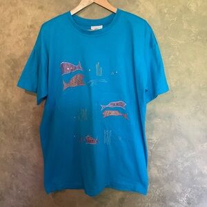Vintage 90s Red Coral Embroidered Jewelled Fish Applique Longline Tee L XL Blue
